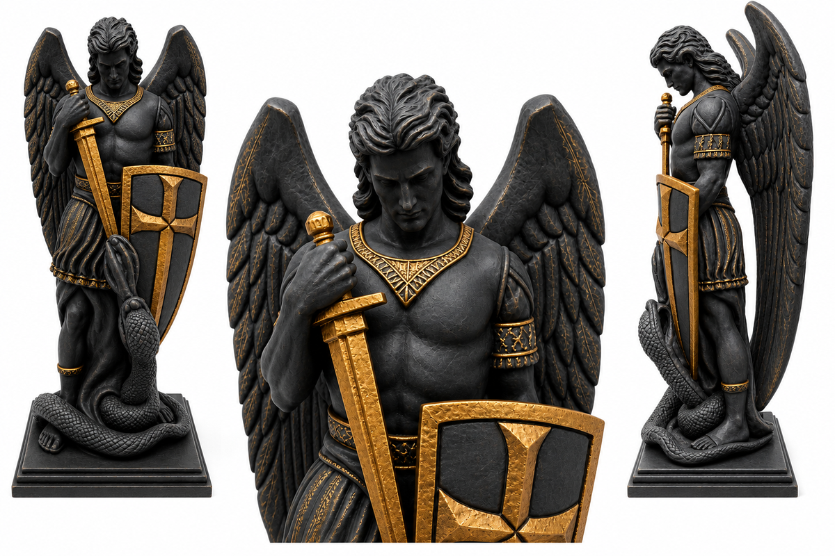 Saint Michael the Archangel reproduction statue in black and gold patina finish, front view