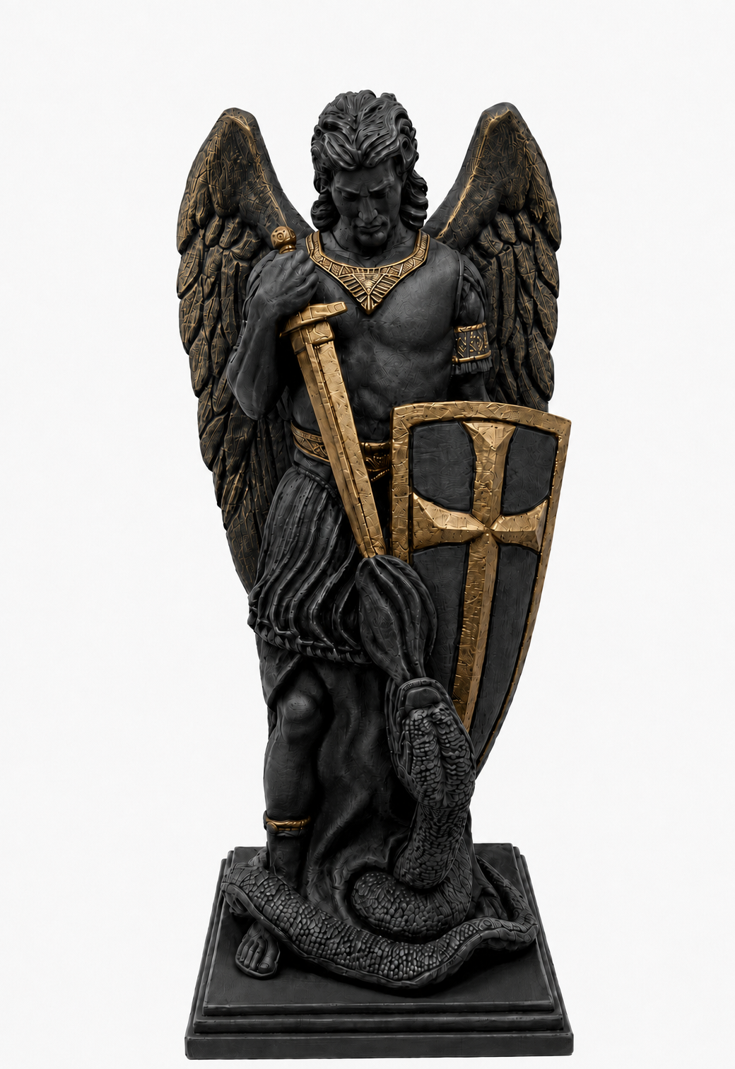 Saint Michael the Archangel reproduction statue black and gold patina — front, detail, and side views